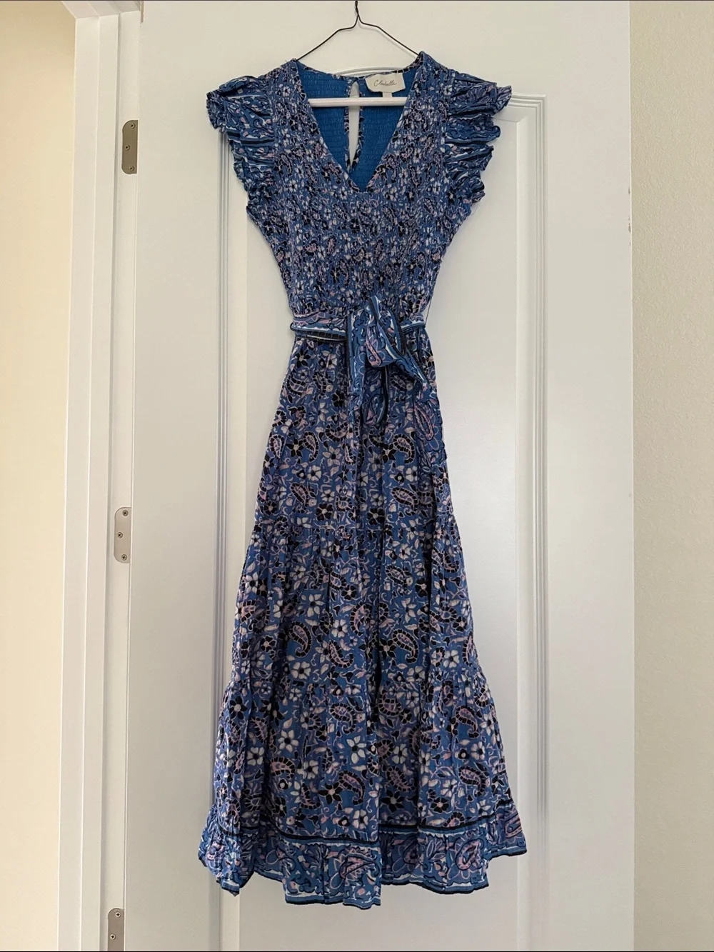 Cleobella Autumn Midi Dress blue paisley print smocked bodice flutter sleeves XS